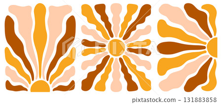 Groovy sun rays backgrounds. Set of cute sunlight, sunrise or sunset vertical posters. Spring or summer theme wallpapers. Good positive vibes concept. Modern funny prints. Vector flat illustration 131883858