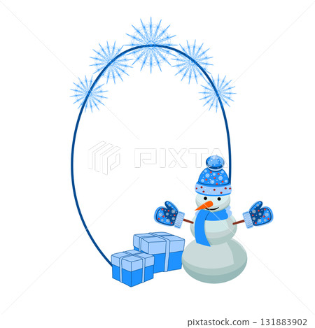 Holiday frame with snowman, gifts, and snowflakes vector illustration 131883902