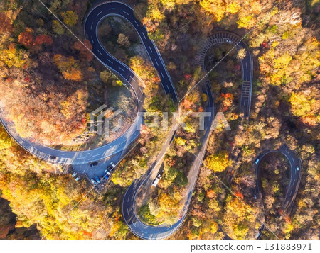 Aerial view of Irohazaka in Nikko, Tochigi Prefecture, dyed in autumn colors by the autumn leaves 131883971