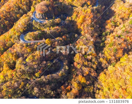 鳥瞰栃木縣日光市的伊呂波坂,紅葉染成一片紅葉 鳥瞰栃木縣日光市的伊呂波坂,紅葉染成一片紅葉 131883976