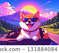 A Mameshiba in sunglasses driving through the snowy mountains with Mount Fuji and the first sunrise in the background | A refreshing off-road vehicle 131884084