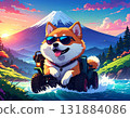 A Mameshiba in sunglasses enjoying a refreshing drive with Mount Fuji and the first sunrise in the background | A refreshing drive through an off-road vehicle 131884086