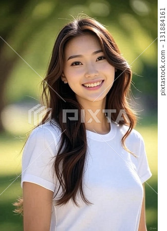 A tender moment of a long-haired young woman's spring smile A tender moment of a long-haired young woman's spring smile 131884161