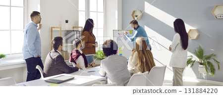 Business man explaining new business project plan to team at business meeting in office. 131884220