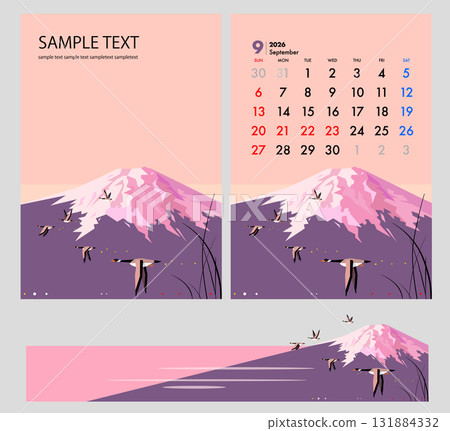 富士山秋季風景插圖，鴨子飛翔，日曆封面設計，橫幅 131884332