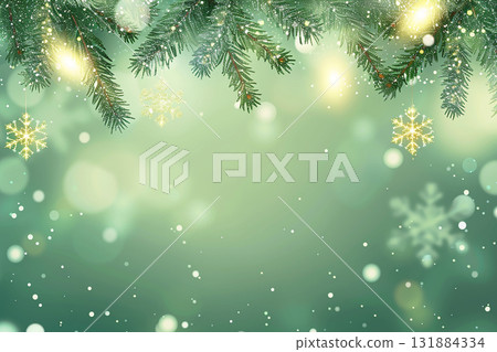 A winter Christmas illustration with a background of green trees and snowflakes, sparkling with gentle light. 131884334