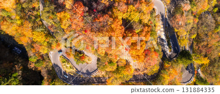 鳥瞰栃木縣日光市的伊呂波坂，紅葉染成一片紅葉 131884335