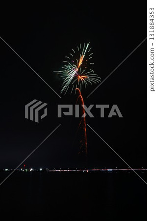 Fireworks over the lake coloring the night sky - Scenes from the Kashima City Fireworks Festival 131884353