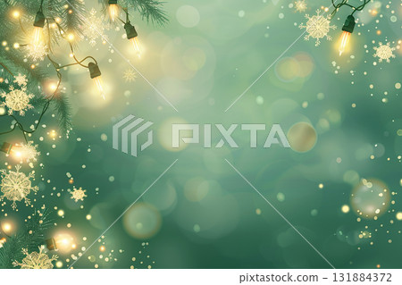 A green tree background with sparkling golden lights - A gentle light winter Christmas illustration 131884372