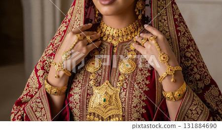 A beautiful woman, dressed in a traditional Omani green kaftan with elaborate gold embroidery, a headscarf, and stunning heavy gold jewelry 131884690