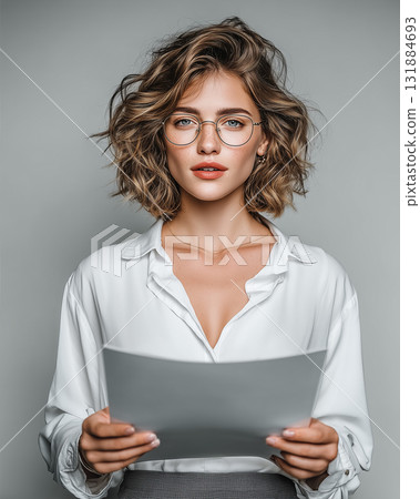 Portrait of a woman in a white shirt | Intelligent and sophisticated office lady, businesswoman natural visual 131884693