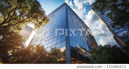 Skyscraper Glitters Under Sunlight With Urban Oasis, Reflecting Sky and Clouds 131884812