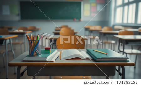 教室裡整齊排列的課桌 131885155