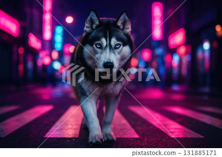 Siberian husky with striking blue eyes walking confidently on a city street at night with neon lights and a vibrant urban atmosphere, AI Generative Siberian husky with striking blue eyes walking confidently on a city street at night with neon lights and a vibrant urban atmosphere, AI Generative 131885171