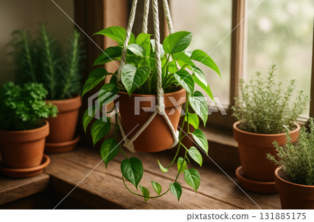 Lush green hanging plant in terracotta pot by sunlit window surrounded by various herbs in ceramic pots indoors, AI Generative 131885175