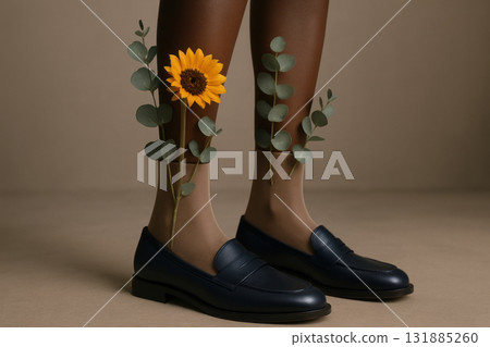 Elegant woman's legs in classic navy loafers with sunflowers and eucalyptus leaves accenting minimalist natural beauty, AI Generative Elegant woman's legs in classic navy loafers with sunflowers and eucalyptus leaves accenting minimalist natural beauty, AI Generative 131885260