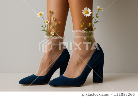 Elegant woman wearing sheer ruffled socks and navy blue high heels adorned with daisies and chamomile flowers, AI Generative 131885266