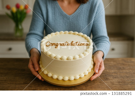 Person holding round white frosted cake with congratulations message displayed on wooden table in cozy kitchen setting, AI Generative 131885291