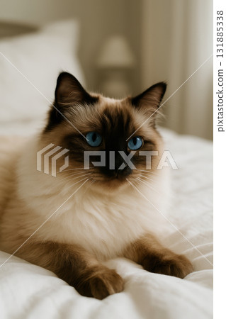 Fluffy blue eyed himalayan cat relaxing on a white bed with soft fur and attentive expression in natural morning light, AI Generative 131885338