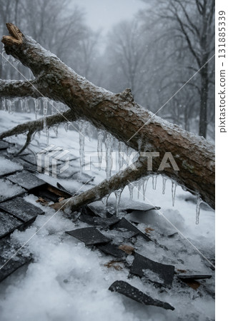 Heavy frozen tree branch collapses onto snowy roof causing damage during severe winter ice storm in forested residential area, AI Generative Heavy frozen tree branch collapses onto snowy roof causing damage during severe winter ice storm in forested residential area, AI Generative 131885339