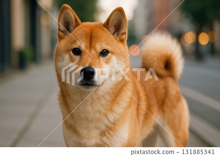 Alert shiba inu standing on a quiet urban sidewalk during the evening with soft natural light and blurred city background, AI Generative 131885341