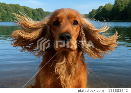 Golden retriever dog with long flowing ears sitting by a tranquil lake under blue sky surrounded by lush green forest, AI Generative 131885342