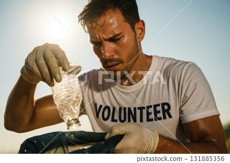 Young man volunteering outdoors, collecting plastic waste with gloves under sunlight to support environmental cleanup efforts, AI Generative 131885356