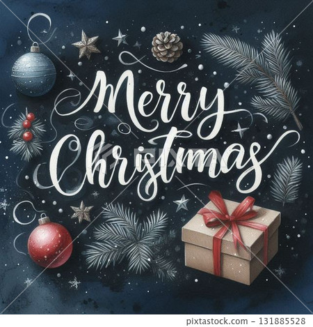A watercolor illustration of Merry Christmas against a deep navy blue background 131885528