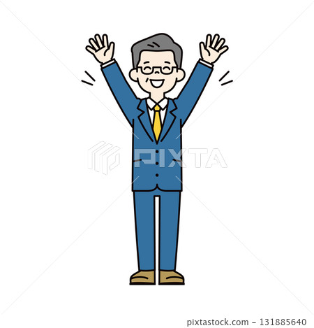 A simple upper body vector illustration of a male president in his 60s or 70s smiling and raising his arms in a cheer 131885640