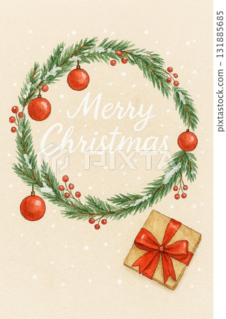 A gentle illustration of Merry Christmas surrounded by a watercolor fir wreath 131885685