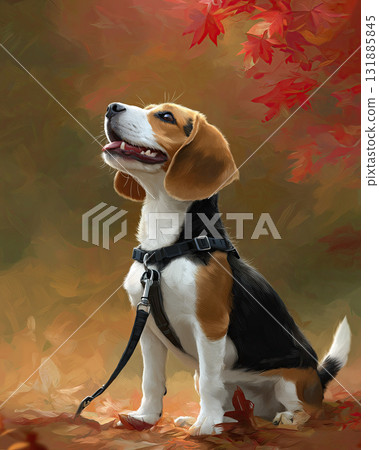 Beagle dog sitting on ground wearing black harness looking up in autumn park, happy expression with red leaves and soft painted background 131885845