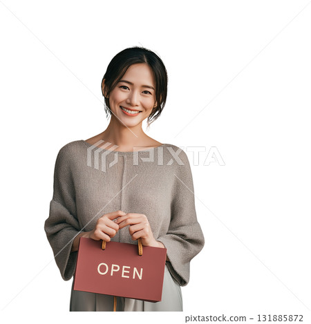 Smiling woman holding open sign, cozy sweater, friendly small business owner portrait conveying welcoming mood 131885872