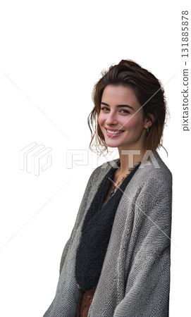 Smiling young woman wearing textured cardigan and layered necklace, casual portrait with warm expression and relaxed pose 131885878