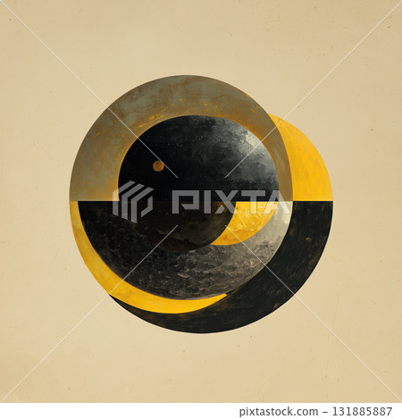 Abstract geometric moon and sun composition with textured black and yellow circles creating balanced yin yang mood 131885887