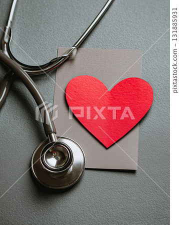 Stethoscope heart health concept with red paper heart on gray card symbolizing medical care and emotional support in cardiology and healthcare awareness, compassionate clinical examination imagery 131885931