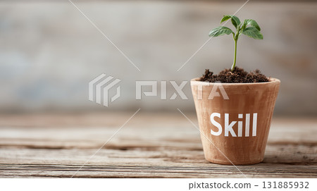 Skill plant sprout growth in pot on wooden table conveying development and learning inspiration 131885932