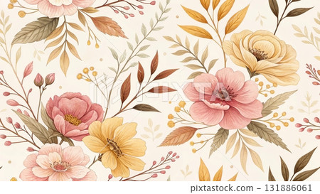 seamless vintage floral pattern realistic watercolor texture blooming garden flowers background  131886061