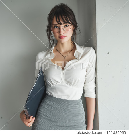 辦公室風格肖像 | 商務場景，戴眼鏡的女人拿著活頁夾 131886063