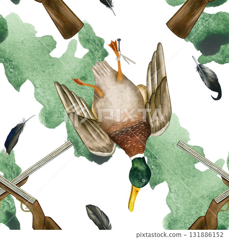 Duck killed during a hunt, rifles crisscrossed. Seamless pattern of hunting trophies. Hand-drawn watercolor illustration Duck killed during a hunt, rifles crisscrossed. Seamless pattern of hunting trophies. Hand-drawn watercolor illustration 131886152