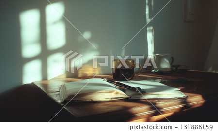 Afternoon light streaming through the window and a notebook | A quiet time for reading and learning Afternoon light streaming through the window and a notebook | A quiet time for reading and learning 131886159