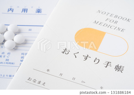 Close-up of a medicine notebook and medicines 131886184