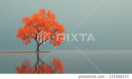 Solitary tree with vibrant orange leaves stands by calm body of water, reflecting its striking colors against serene sky Solitary tree with vibrant orange leaves stands by calm body of water, reflecting its striking colors against serene sky 131886215