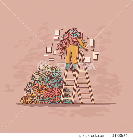 Person with tangled rope head ladder knot pile of rope abstract pastel Person with tangled rope head ladder knot pile of rope abstract pastel 131886241