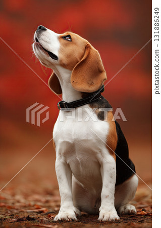 Beagle dog autumn brown leaf black collar white chest tricolor coat pet sitting looking up 131886249