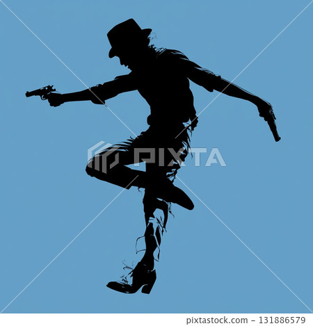 Silhouette cowboy jumping with pistol in each hand, dynamic action pose, western hat and boots, dramatic contrast and blue background, energetic movement and confident mood 131886579
