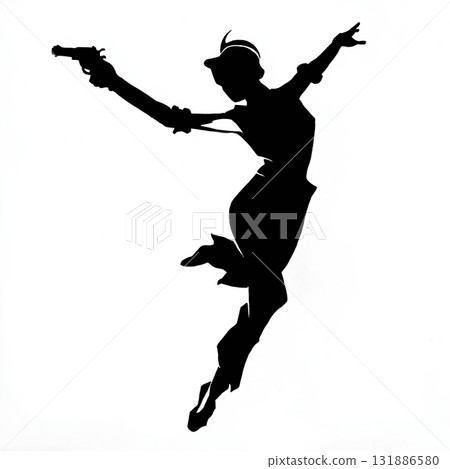 Silhouette dancer with pistol midair jump dynamic pose energetic movement 131886580