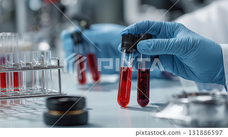 Gloved hand test tube blood sample laboratory scientist close up Gloved hand test tube blood sample laboratory scientist close up 131886597