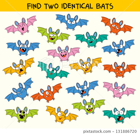 Funny Halloween puzzle with cute bats. Find two identical bats Funny Halloween puzzle with cute bats. Find two identical bats 131886720