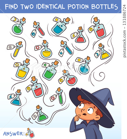 Find two identical potion bottles game for kids. Fun Halloween educational illustration 131886724