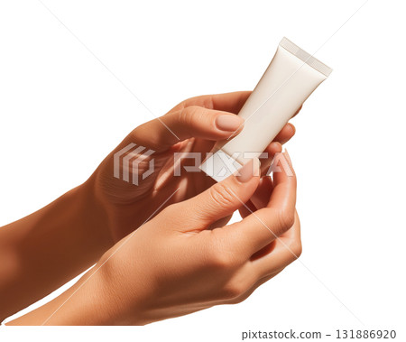 Soft hand holding blank cosmetic tube for skincare cream with natural manicure and warm lighting, inviting gentle care and tactile comfort Soft hand holding blank cosmetic tube for skincare cream with natural manicure and warm lighting, inviting gentle care and tactile comfort 131886920
